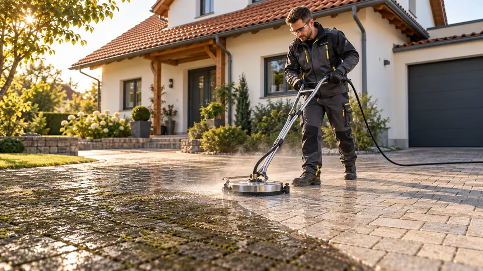 KI-generiertes Symbolbild: Arbeiter reinigt eine gepflasterte Einfahrt vor einem Einfamilienhaus mit einem Flächenreiniger – links noch vermooste, rechts gereinigte Pflastersteine